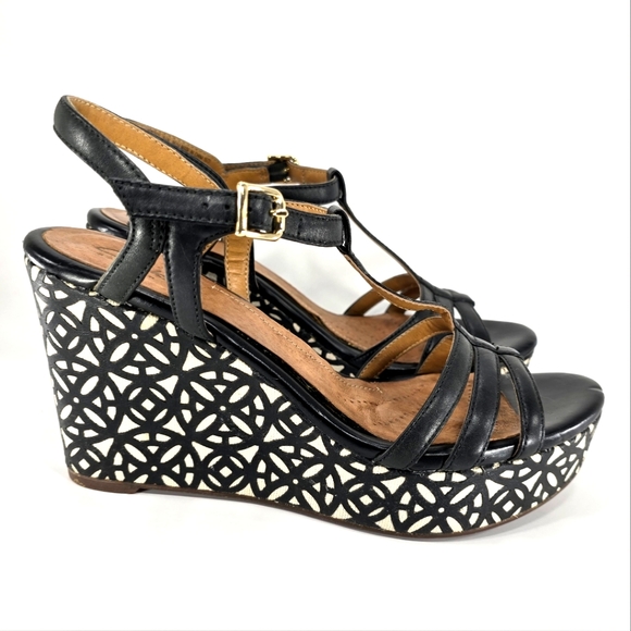 Clarks Artison NEW!! Amelia Avery, Black Leather, Wedge Sandal. Women's 9.5M - Picture 1 of 12